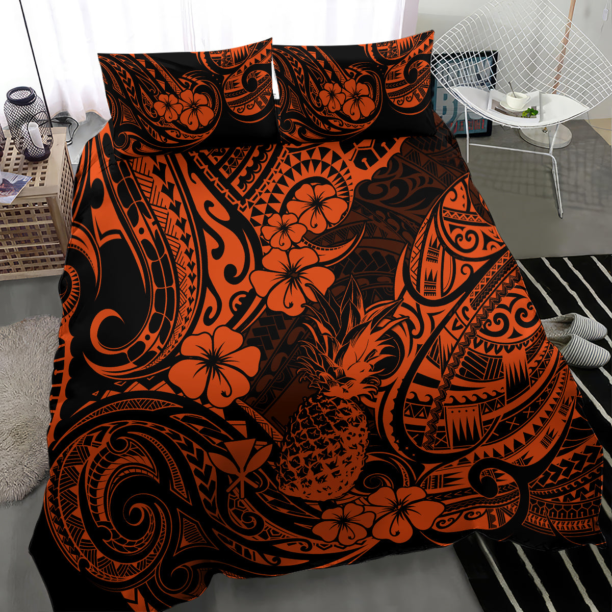 Hawaii Pineapple Bedding Set Paradise Flowers Pacific With Orange Polynesian Tribal LT01 - Polynesian Pride