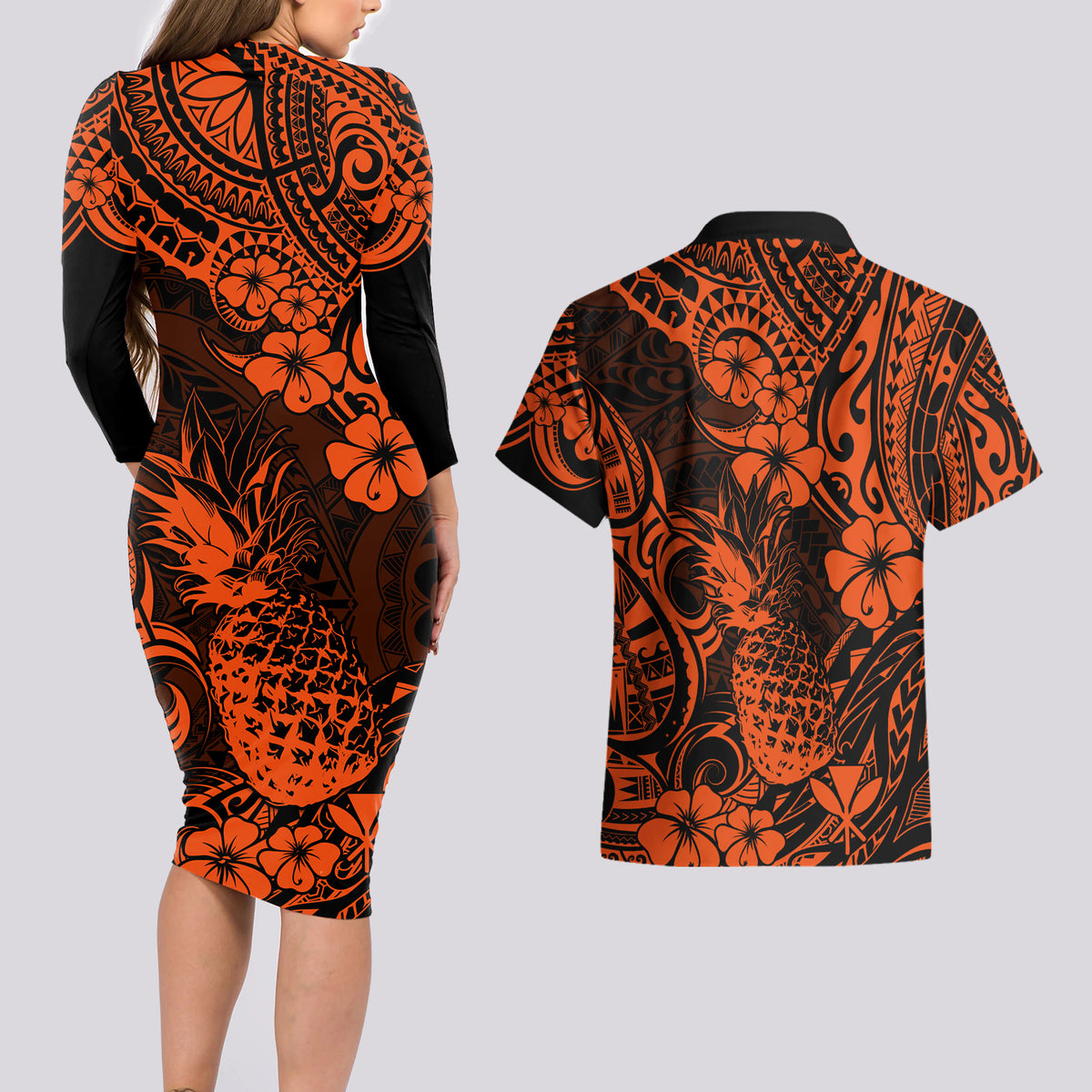 Hawaii Pineapple Couples Matching Long Sleeve Bodycon Dress and Hawaiian Shirt Paradise Flowers Pacific With Orange Polynesian Tribal LT01 - Polynesian Pride
