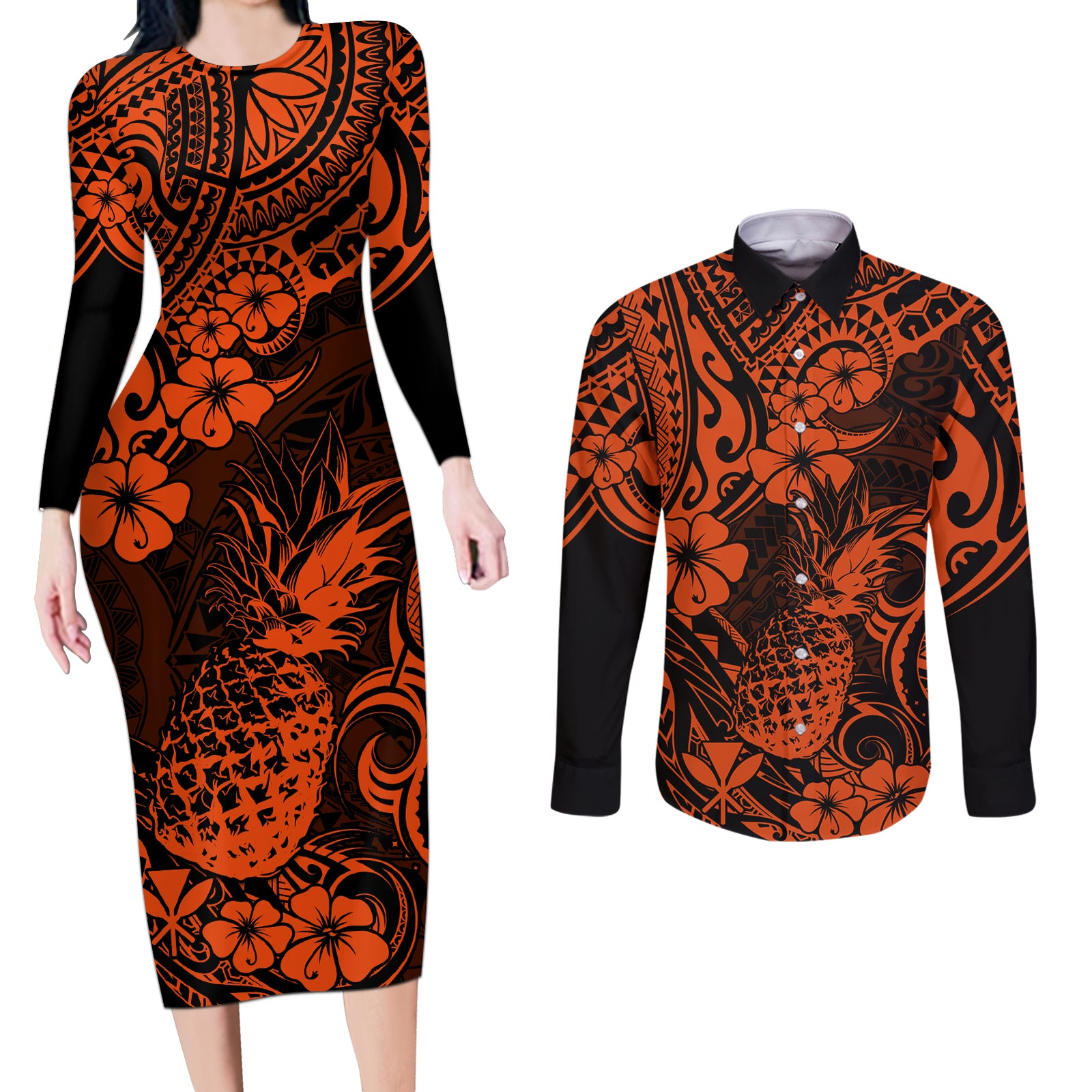 Hawaii Pineapple Couples Matching Long Sleeve Bodycon Dress and Long Sleeve Button Shirts Paradise Flowers Pacific With Orange Polynesian Tribal LT01 Orange - Polynesian Pride