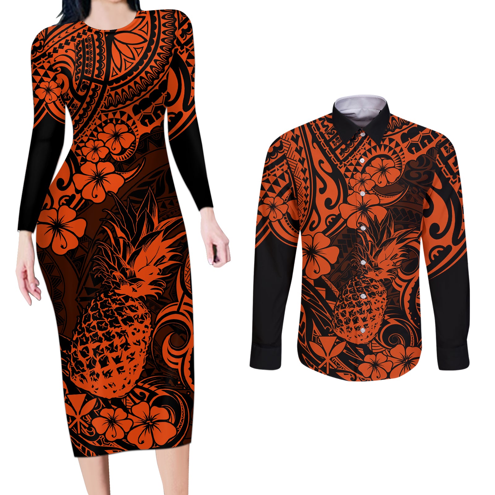 Hawaii Pineapple Couples Matching Long Sleeve Bodycon Dress and Long Sleeve Button Shirts Paradise Flowers Pacific With Orange Polynesian Tribal LT01 Orange - Polynesian Pride