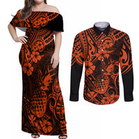 Hawaii Pineapple Couples Matching Off Shoulder Maxi Dress and Long Sleeve Button Shirts Paradise Flowers Pacific With Orange Polynesian Tribal LT01 Orange - Polynesian Pride