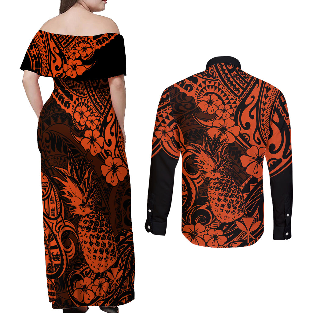 Hawaii Pineapple Couples Matching Off Shoulder Maxi Dress and Long Sleeve Button Shirts Paradise Flowers Pacific With Orange Polynesian Tribal LT01 - Polynesian Pride