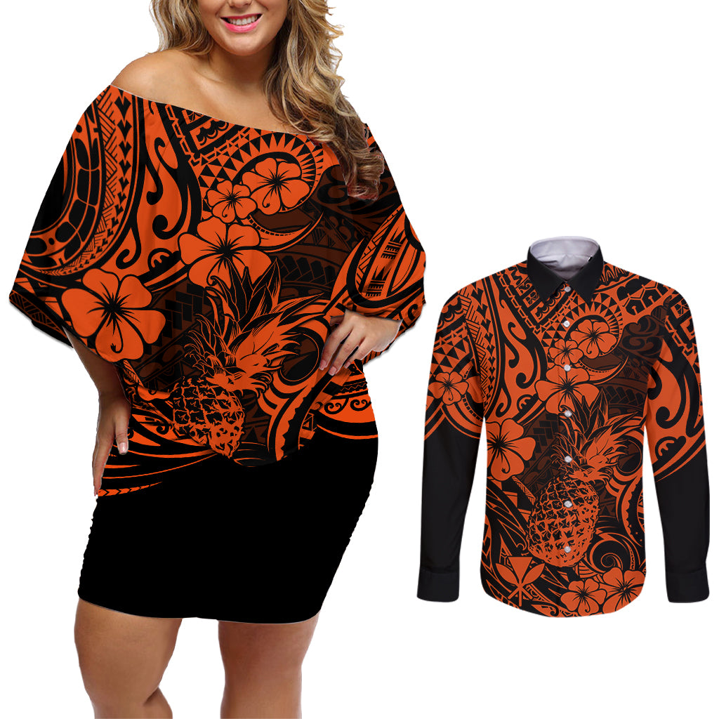Hawaii Pineapple Couples Matching Off Shoulder Short Dress and Long Sleeve Button Shirts Paradise Flowers Pacific With Orange Polynesian Tribal LT01 Orange - Polynesian Pride