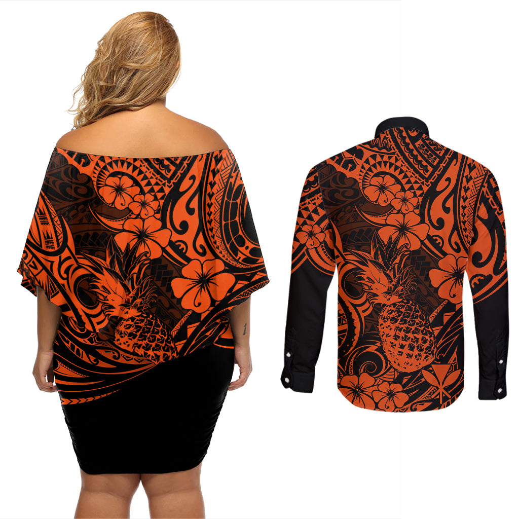 Hawaii Pineapple Couples Matching Off Shoulder Short Dress and Long Sleeve Button Shirts Paradise Flowers Pacific With Orange Polynesian Tribal LT01 - Polynesian Pride