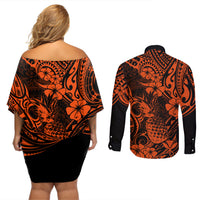 Hawaii Pineapple Couples Matching Off Shoulder Short Dress and Long Sleeve Button Shirts Paradise Flowers Pacific With Orange Polynesian Tribal LT01 - Polynesian Pride