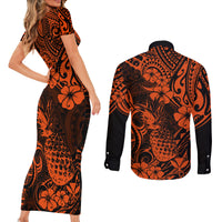 Hawaii Pineapple Couples Matching Short Sleeve Bodycon Dress and Long Sleeve Button Shirts Paradise Flowers Pacific With Orange Polynesian Tribal LT01 - Polynesian Pride