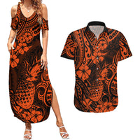 Hawaii Pineapple Couples Matching Summer Maxi Dress and Hawaiian Shirt Paradise Flowers Pacific With Orange Polynesian Tribal LT01 Orange - Polynesian Pride