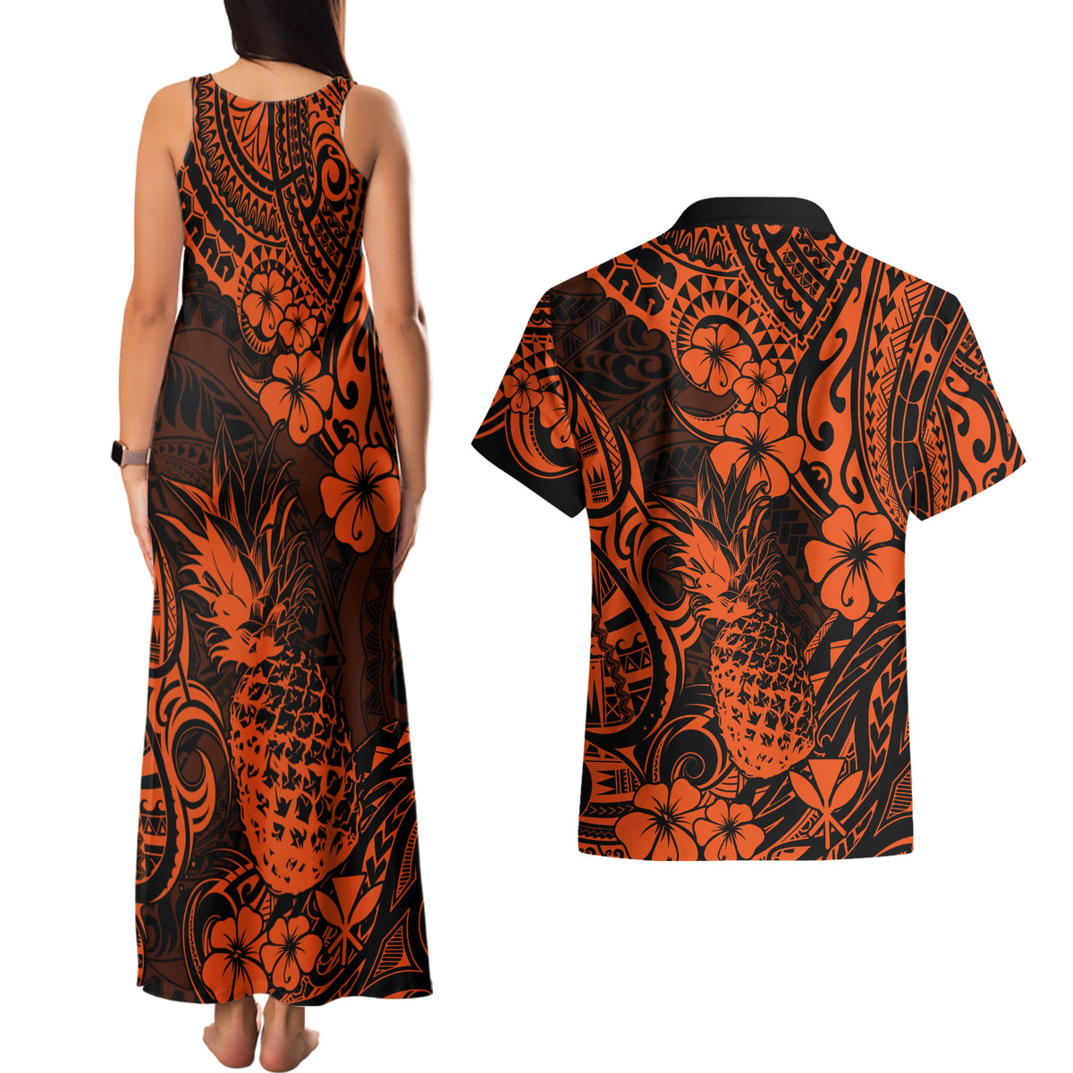 Hawaii Pineapple Couples Matching Tank Maxi Dress and Hawaiian Shirt Paradise Flowers Pacific With Orange Polynesian Tribal LT01 - Polynesian Pride