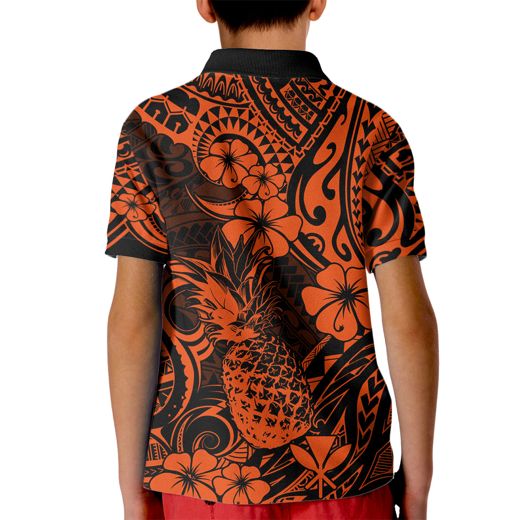 Hawaii Pineapple Kid Polo Shirt Paradise Flowers Pacific With Orange Polynesian Tribal LT01 - Polynesian Pride