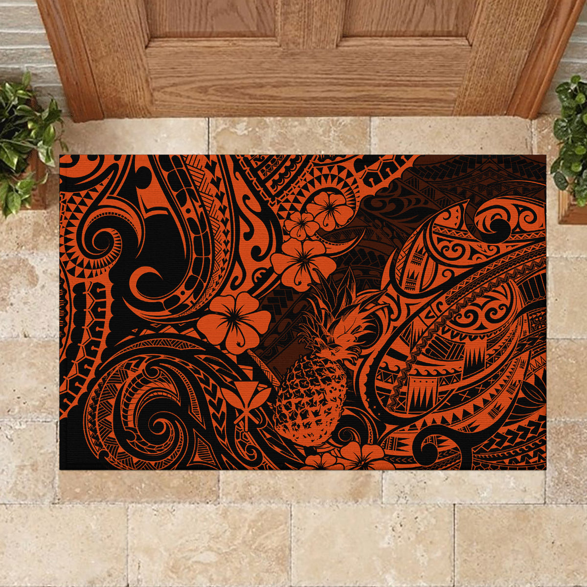 Hawaii Pineapple Rubber Doormat Paradise Flowers Pacific With Orange Polynesian Tribal LT01 - Polynesian Pride