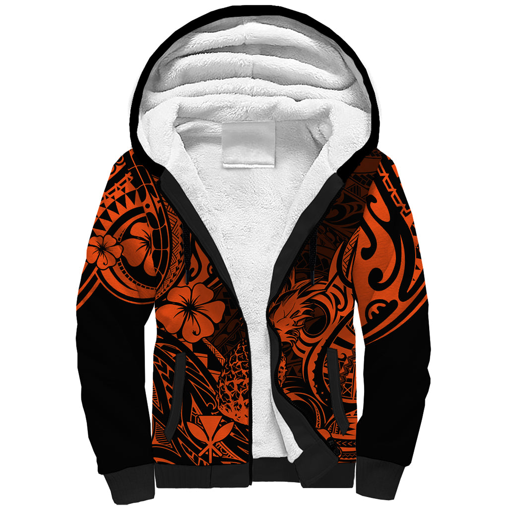 Hawaii Pineapple Sherpa Hoodie Paradise Flowers Pacific With Orange Polynesian Tribal LT01 Unisex Orange - Polynesian Pride