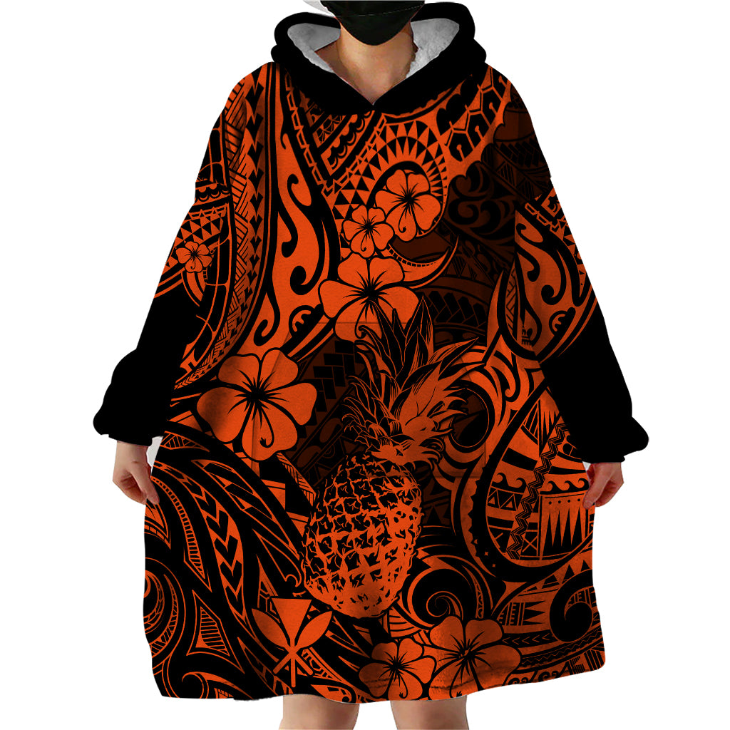 Hawaii Pineapple Wearable Blanket Hoodie Paradise Flowers Pacific With Orange Polynesian Tribal LT01 - Polynesian Pride
