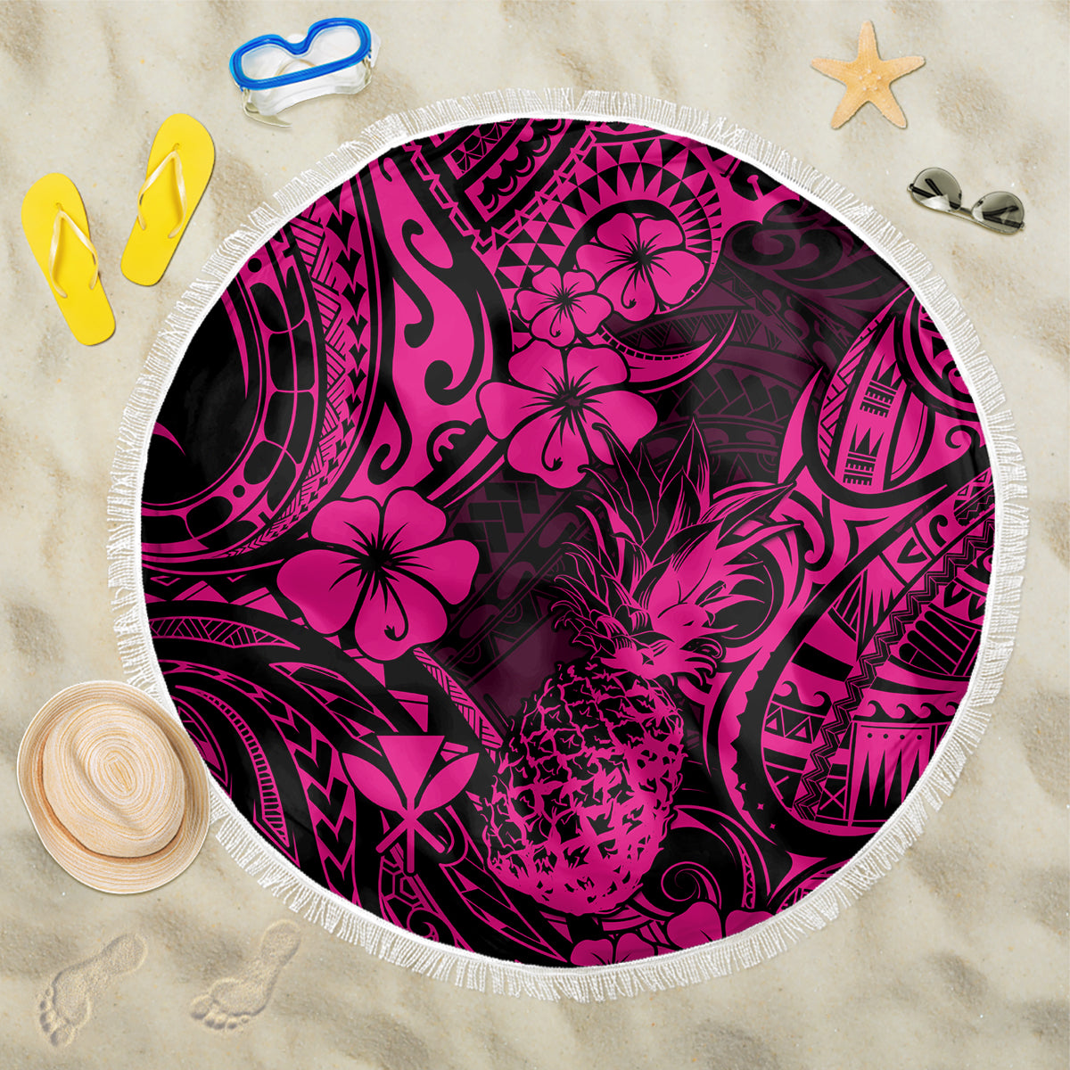 Hawaii Pineapple Beach Blanket Paradise Flowers Pacific With Pink Polynesian Tribal LT01 One Size 150cm Pink - Wonder Print Shop