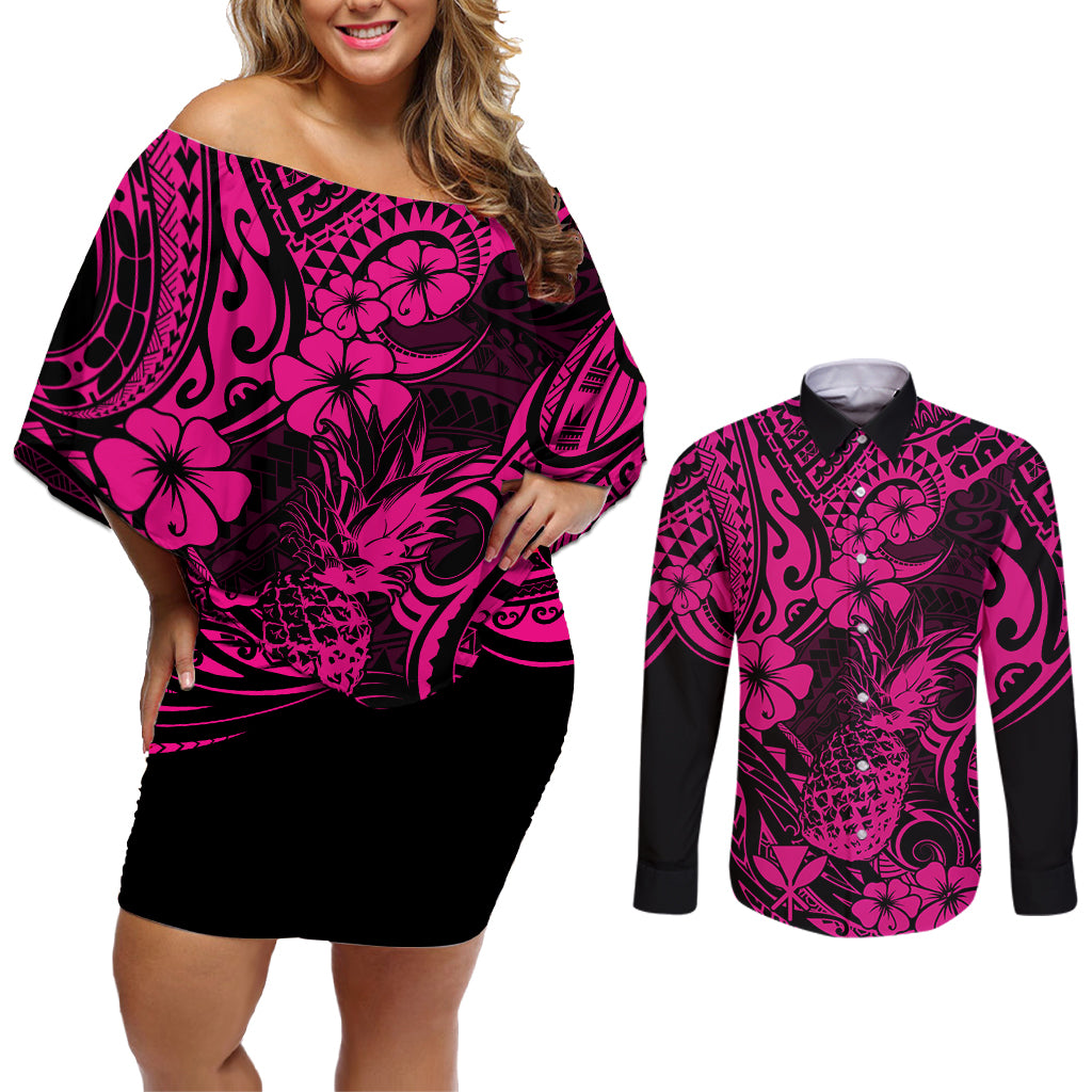 Hawaii Pineapple Couples Matching Off Shoulder Short Dress and Long Sleeve Button Shirts Paradise Flowers Pacific With Pink Polynesian Tribal LT01 Pink - Polynesian Pride