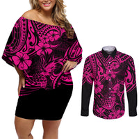 Hawaii Pineapple Couples Matching Off Shoulder Short Dress and Long Sleeve Button Shirts Paradise Flowers Pacific With Pink Polynesian Tribal LT01 Pink - Polynesian Pride