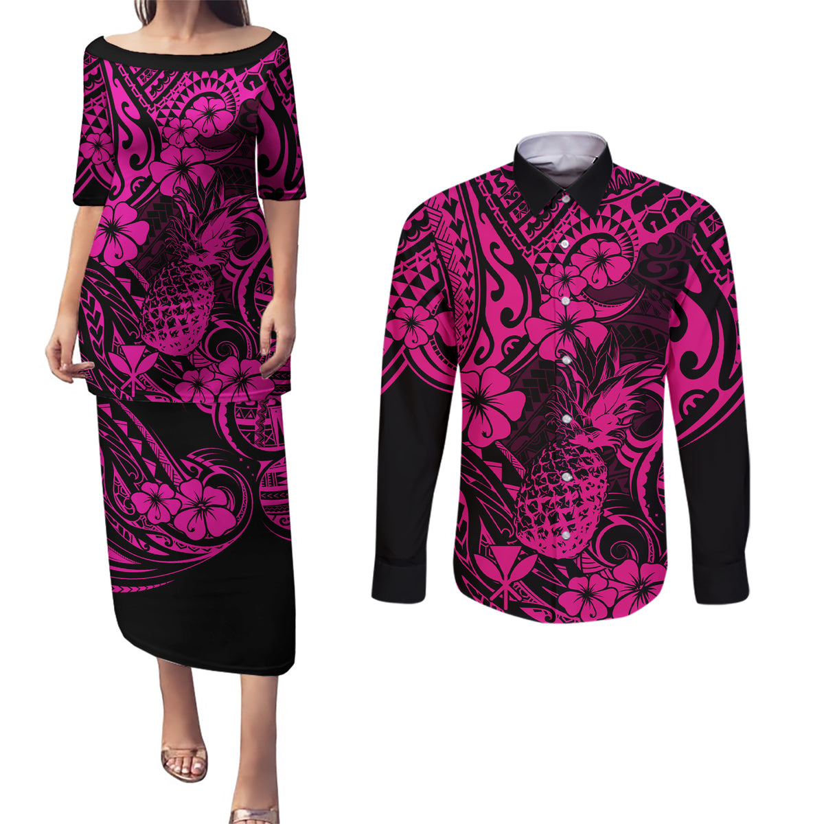 Hawaii Pineapple Couples Matching Puletasi Dress and Long Sleeve Button Shirts Paradise Flowers Pacific With Pink Polynesian Tribal LT01 Pink - Polynesian Pride