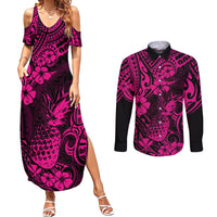 Hawaii Pineapple Couples Matching Summer Maxi Dress and Long Sleeve Button Shirts Paradise Flowers Pacific With Pink Polynesian Tribal LT01 Pink - Polynesian Pride
