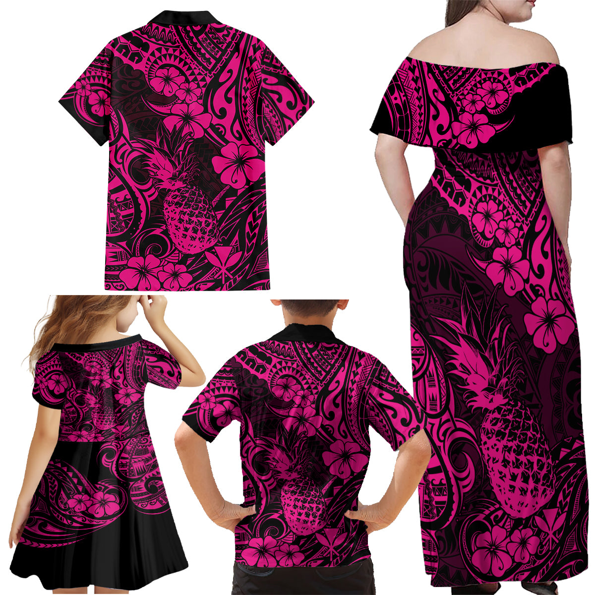 Hawaii Pineapple Family Matching Off Shoulder Maxi Dress and Hawaiian Shirt Paradise Flowers Pacific With Pink Polynesian Tribal LT01 - Polynesian Pride