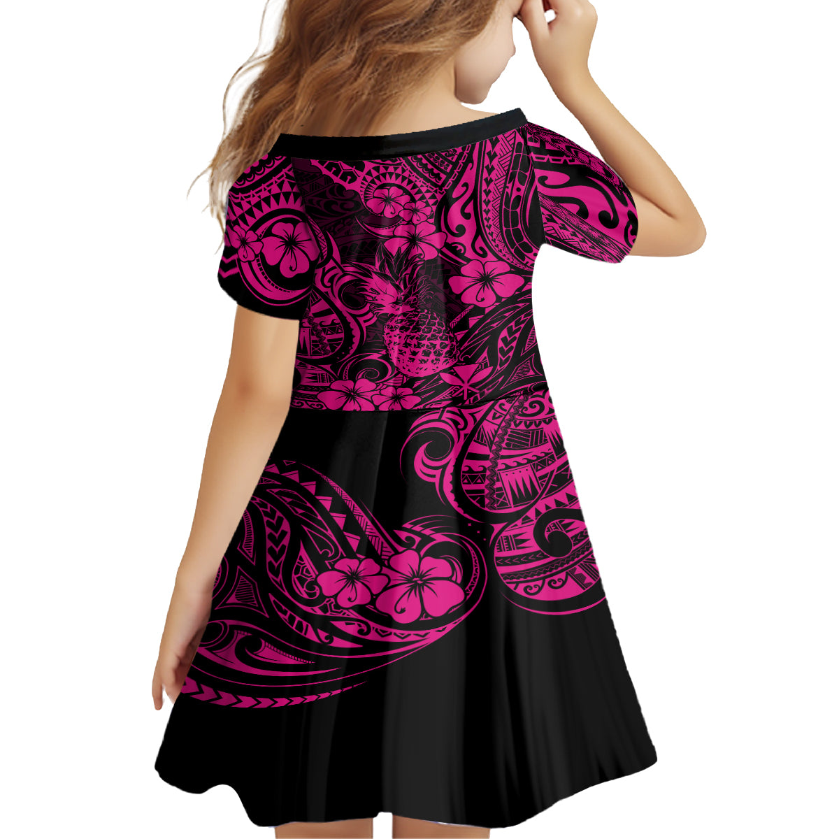 Hawaii Pineapple Family Matching Off Shoulder Short Dress and Hawaiian Shirt Paradise Flowers Pacific With Pink Polynesian Tribal LT01 - Polynesian Pride