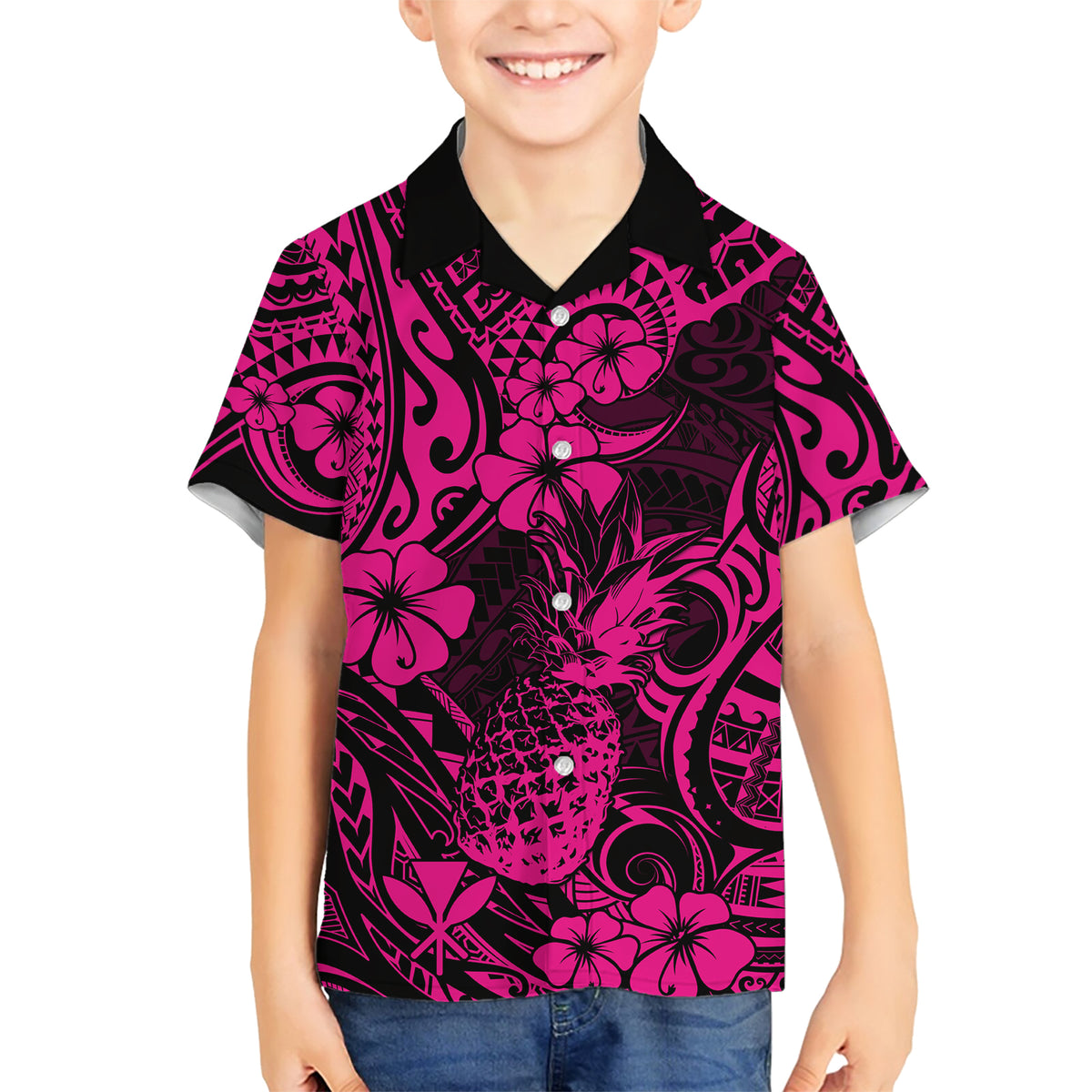 Hawaii Pineapple Family Matching Short Sleeve Bodycon Dress and Hawaiian Shirt Paradise Flowers Pacific With Pink Polynesian Tribal LT01 Son's Shirt Pink - Polynesian Pride