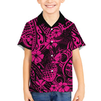 Hawaii Pineapple Family Matching Short Sleeve Bodycon Dress and Hawaiian Shirt Paradise Flowers Pacific With Pink Polynesian Tribal LT01 Son's Shirt Pink - Polynesian Pride