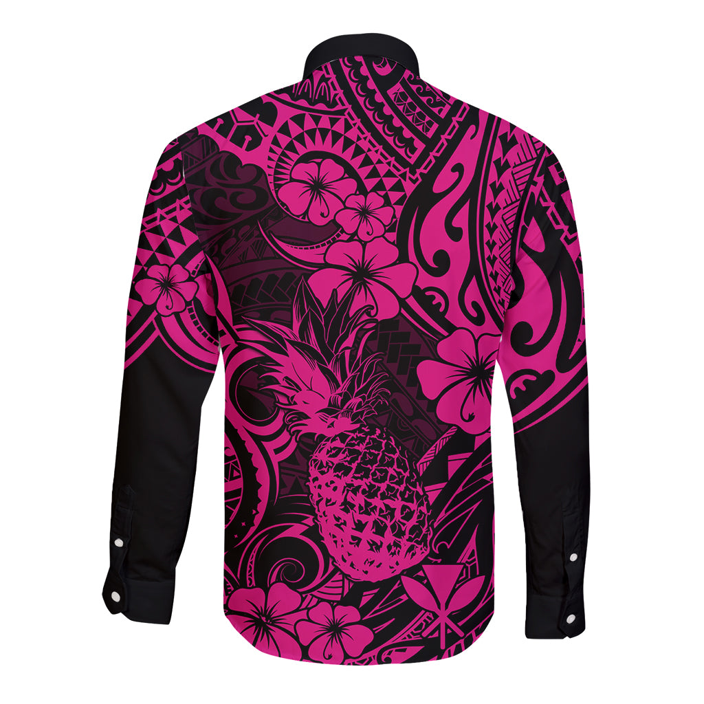 Hawaii Pineapple Long Sleeve Button Shirt Paradise Flowers Pacific With Pink Polynesian Tribal LT01 - Polynesian Pride