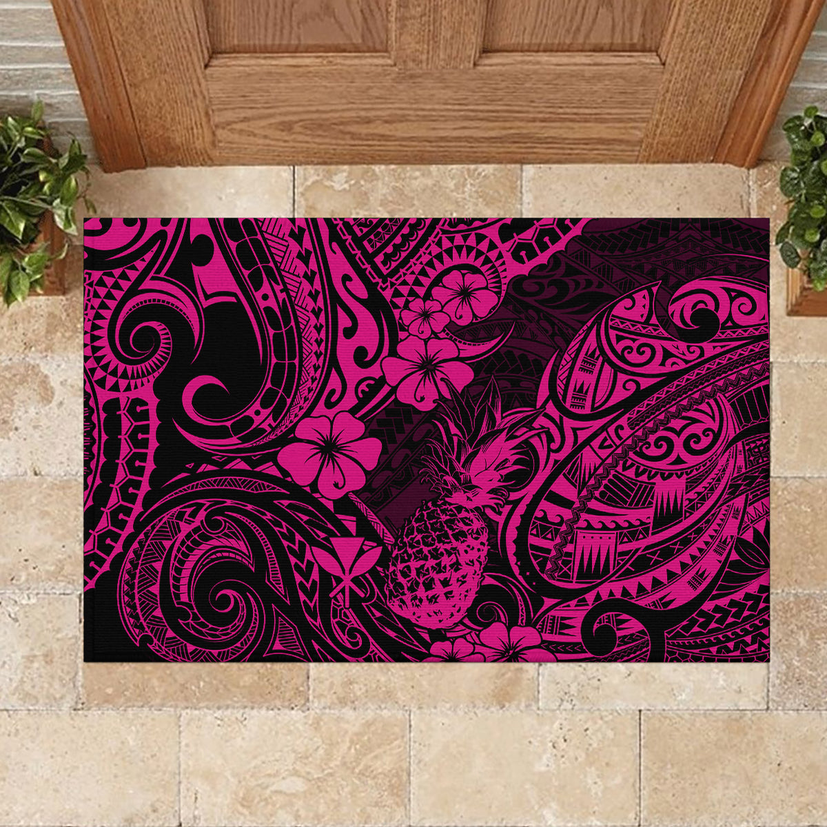 Hawaii Pineapple Rubber Doormat Paradise Flowers Pacific With Pink Polynesian Tribal LT01 - Polynesian Pride