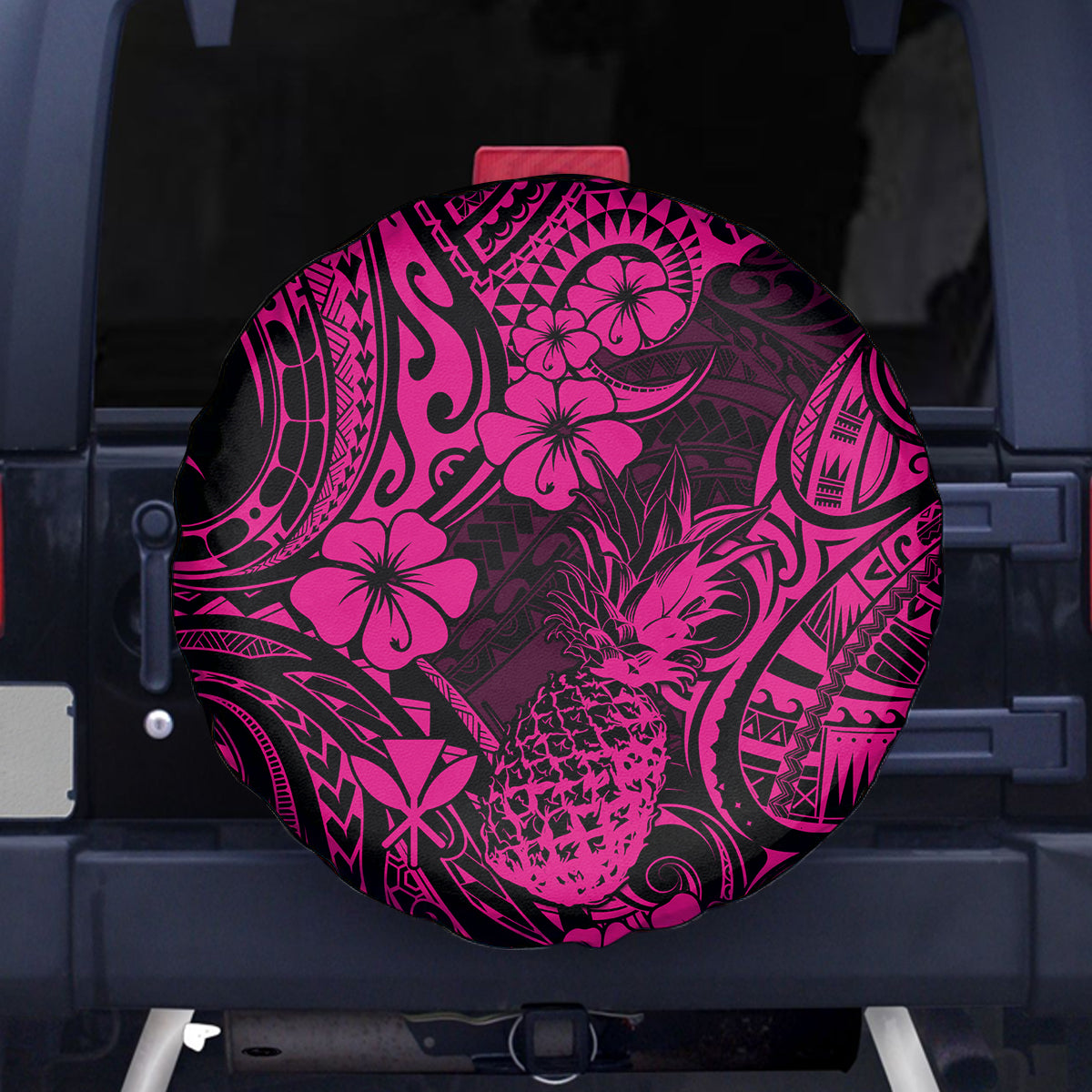 Hawaii Pineapple Spare Tire Cover Paradise Flowers Pacific With Pink Polynesian Tribal LT01 - Polynesian Pride