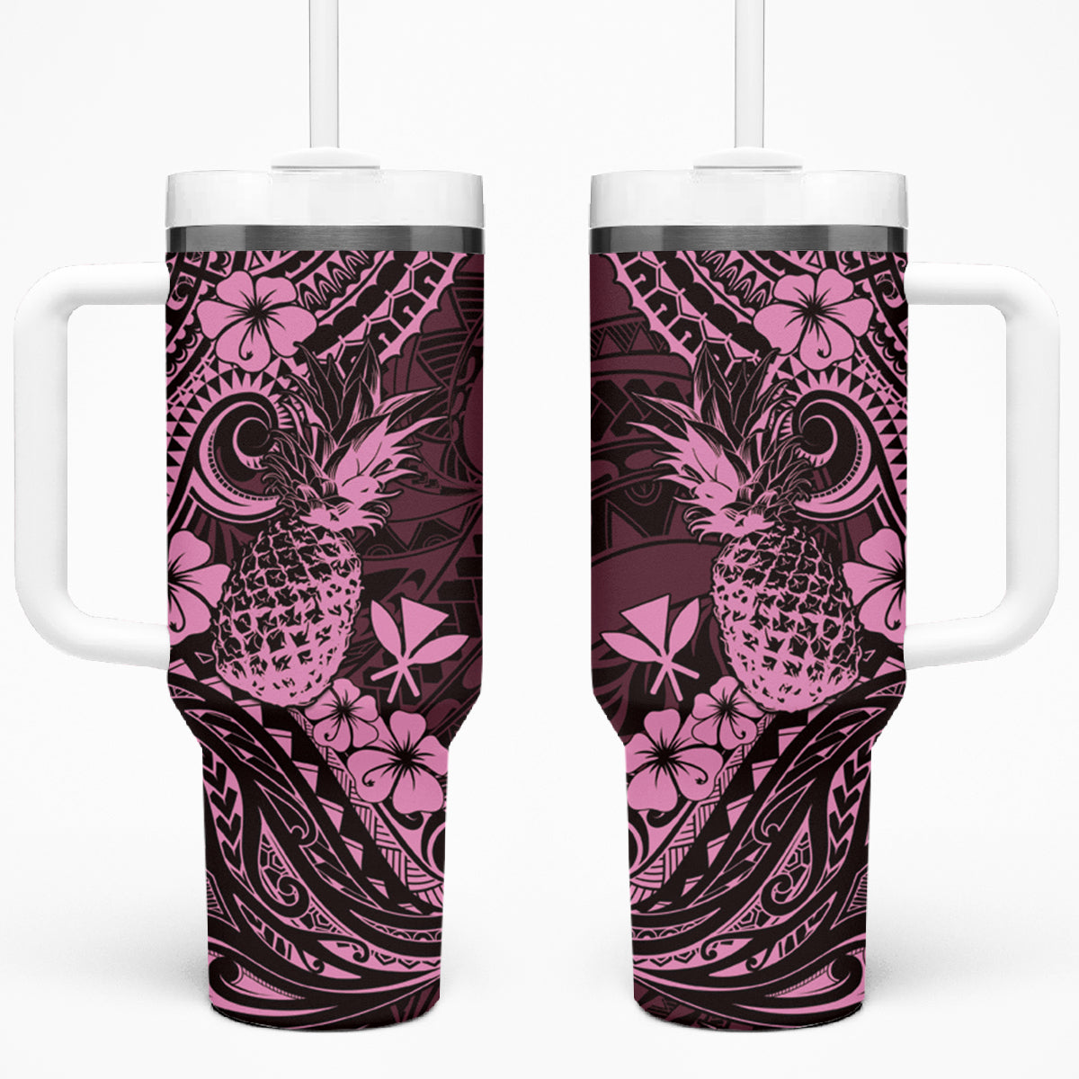 Hawaii Pineapple Tumbler With Handle Paradise Flowers Pacific With Pink Polynesian Tribal