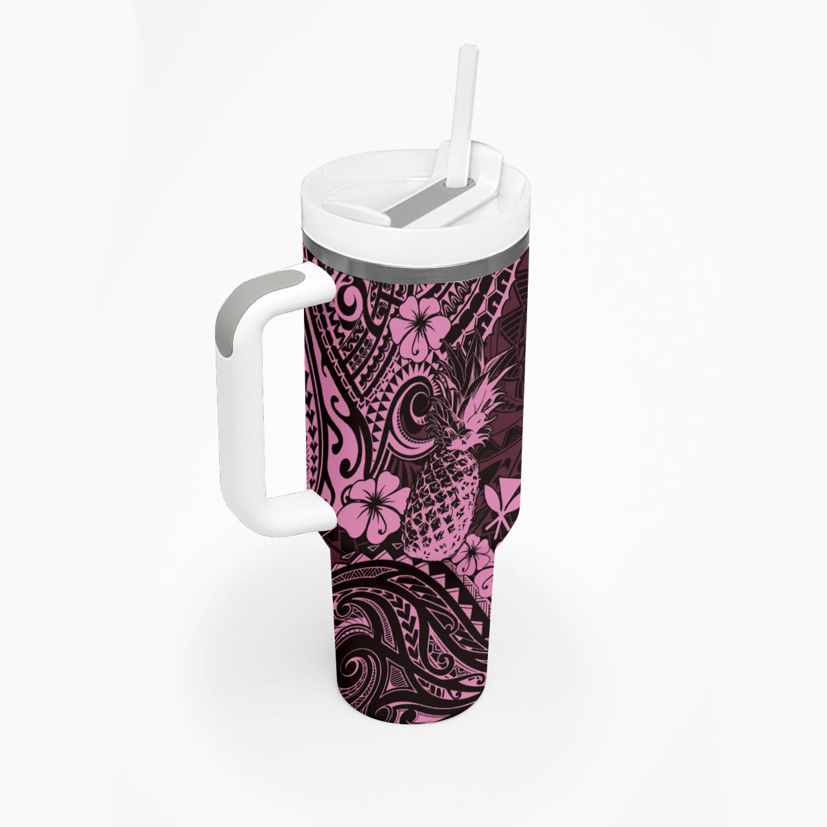 Hawaii Pineapple Tumbler With Handle Paradise Flowers Pacific With Pink Polynesian Tribal