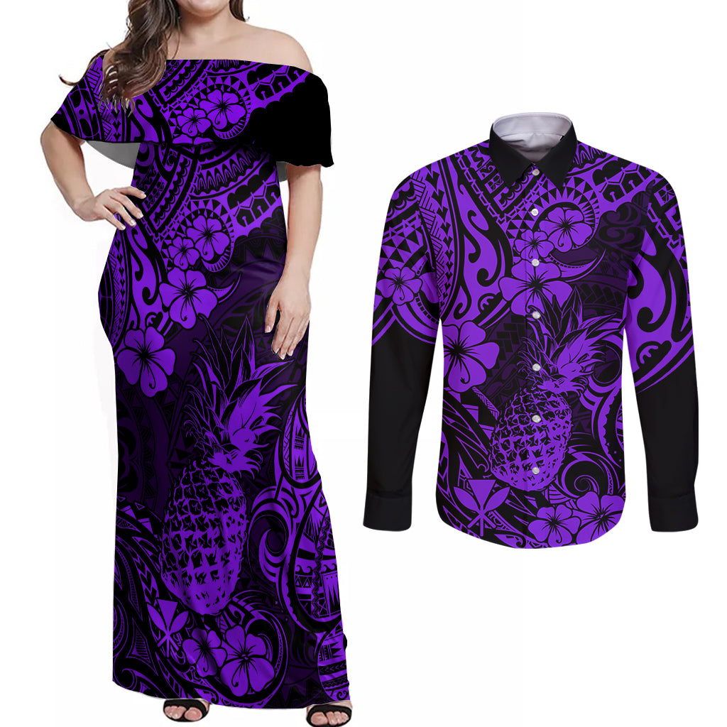 Hawaii Pineapple Couples Matching Off Shoulder Maxi Dress and Long Sleeve Button Shirts Polynesian Pattern Purple Version LT01 Purple - Polynesian Pride