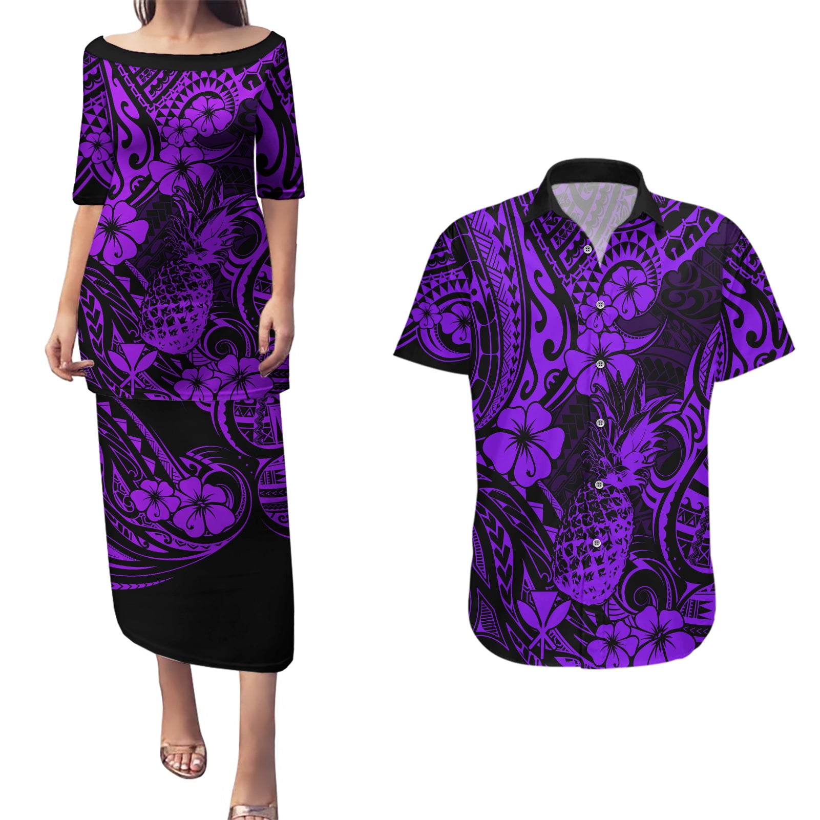 Hawaii Pineapple Couples Matching Puletasi Dress and Hawaiian Shirt Polynesian Pattern Purple Version LT01 Purple - Polynesian Pride