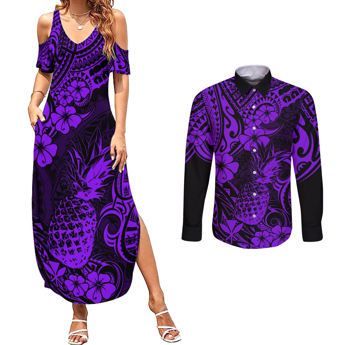 Hawaii Pineapple Couples Matching Summer Maxi Dress and Long Sleeve Button Shirts Polynesian Pattern Purple Version LT01 Purple - Polynesian Pride