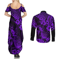 Hawaii Pineapple Couples Matching Summer Maxi Dress and Long Sleeve Button Shirts Polynesian Pattern Purple Version LT01 - Polynesian Pride
