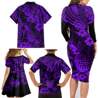 Hawaii Pineapple Family Matching Long Sleeve Bodycon Dress and Hawaiian Shirt Polynesian Pattern Purple Version LT01 - Polynesian Pride