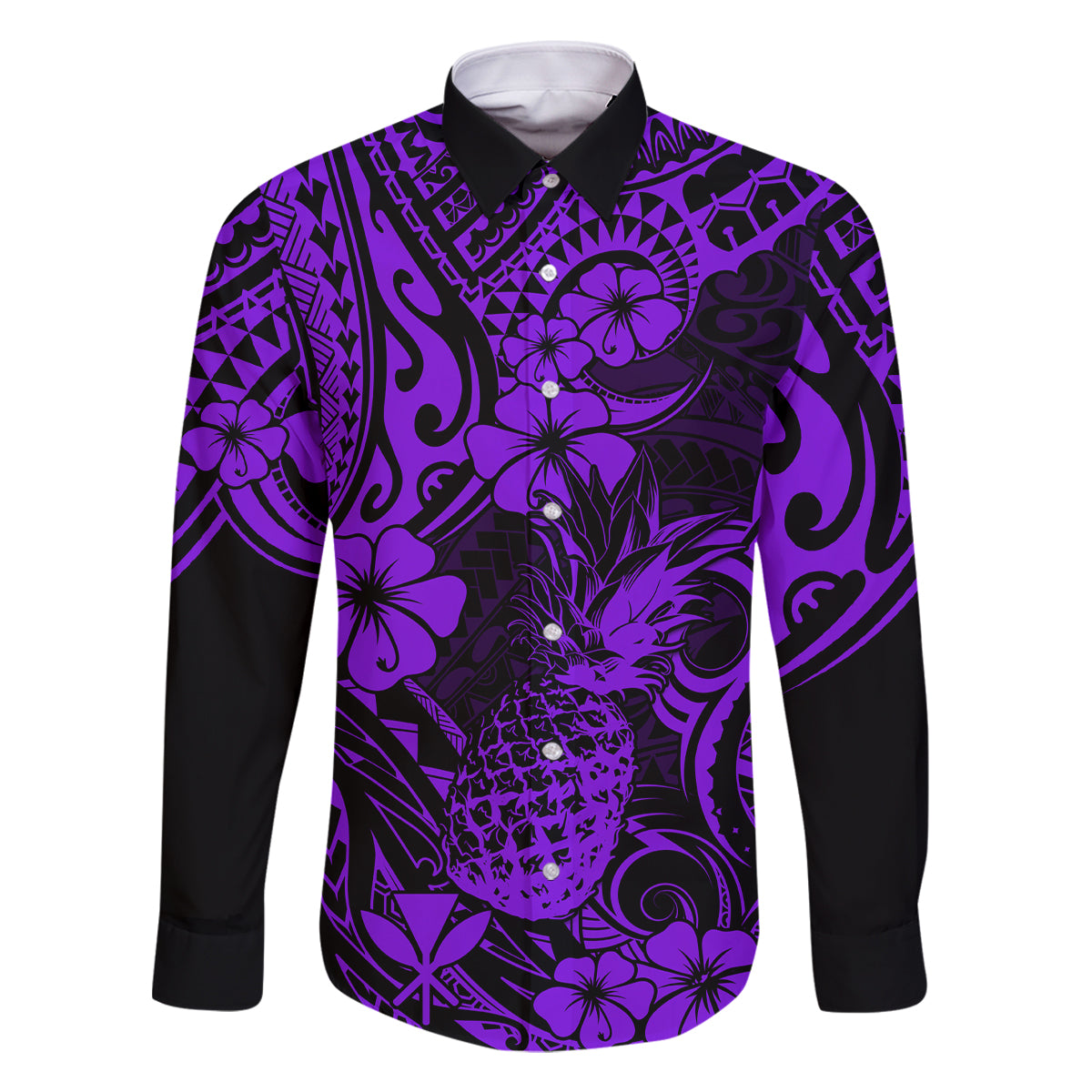 Hawaii Pineapple Family Matching Off Shoulder Long Sleeve Dress and Hawaiian Shirt Polynesian Pattern Purple Version LT01 Dad's Shirt - Long Sleeve Purple - Polynesian Pride