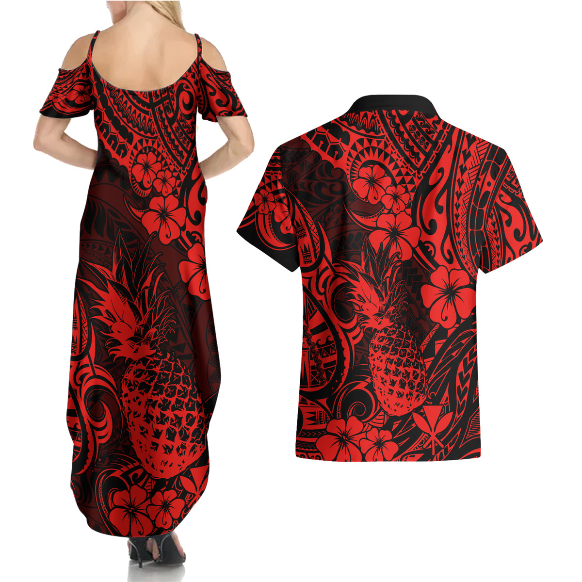 Hawaii Pineapple Couples Matching Summer Maxi Dress and Hawaiian Shirt Polynesian Pattern Red Version LT01 - Polynesian Pride