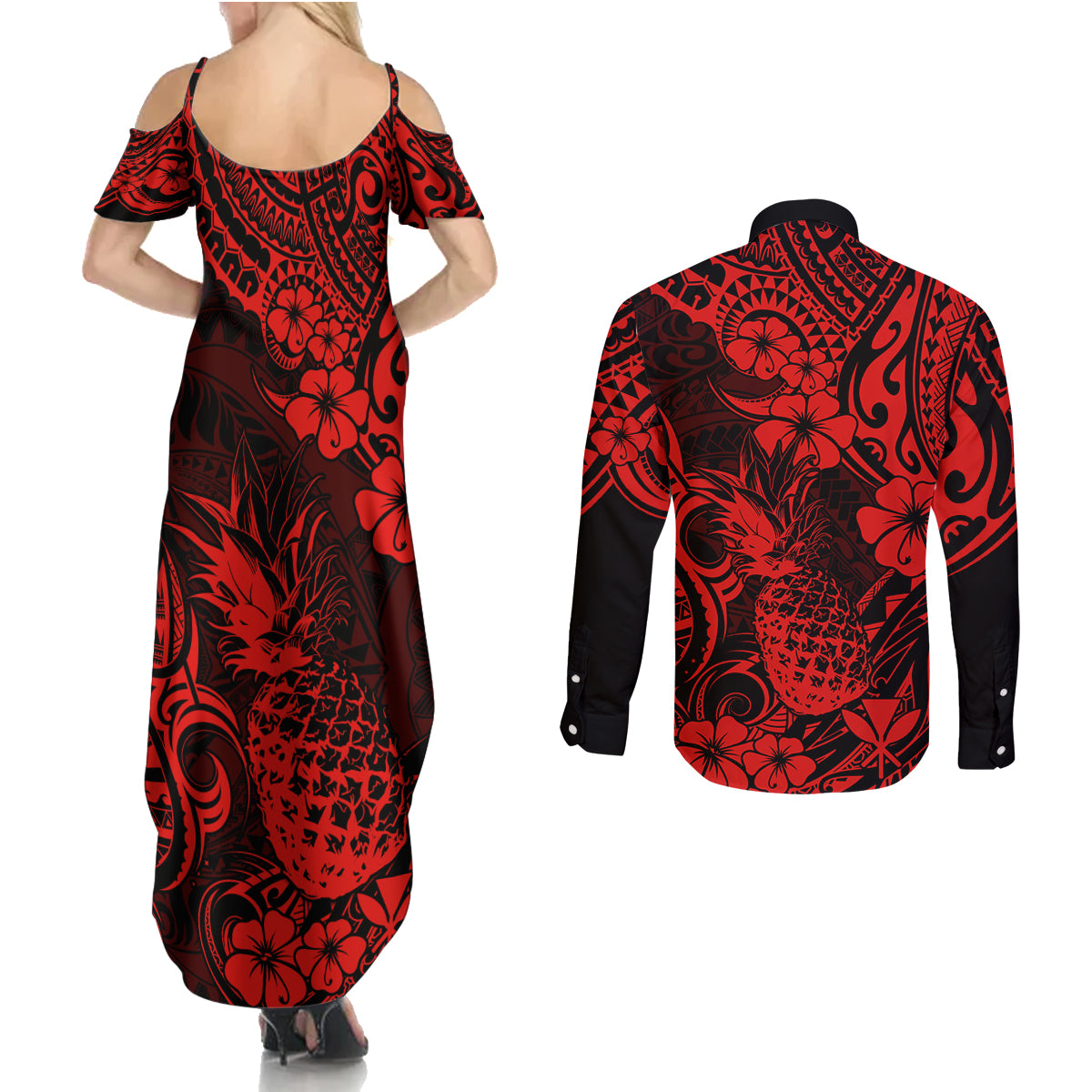 Hawaii Pineapple Couples Matching Summer Maxi Dress and Long Sleeve Button Shirts Polynesian Pattern Red Version LT01 - Polynesian Pride