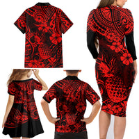 Hawaii Pineapple Family Matching Long Sleeve Bodycon Dress and Hawaiian Shirt Polynesian Pattern Red Version LT01 - Polynesian Pride