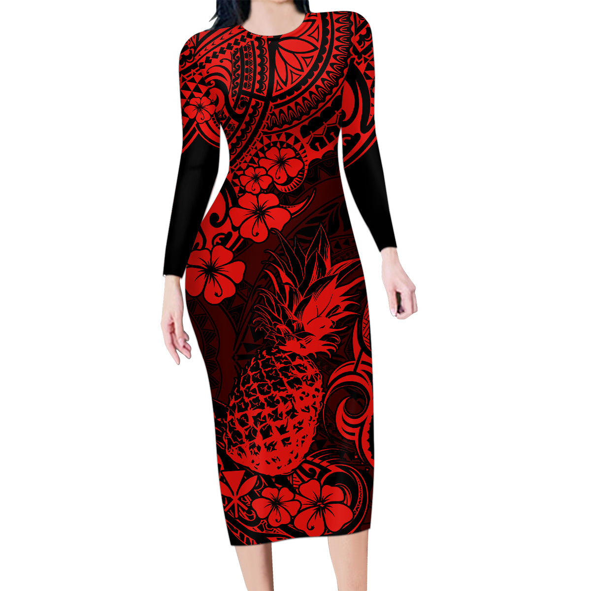 Hawaii Pineapple Family Matching Long Sleeve Bodycon Dress and Hawaiian Shirt Polynesian Pattern Red Version LT01 Mom's Dress Red - Polynesian Pride