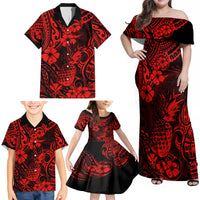 Hawaii Pineapple Family Matching Off Shoulder Maxi Dress and Hawaiian Shirt Polynesian Pattern Red Version LT01 - Polynesian Pride