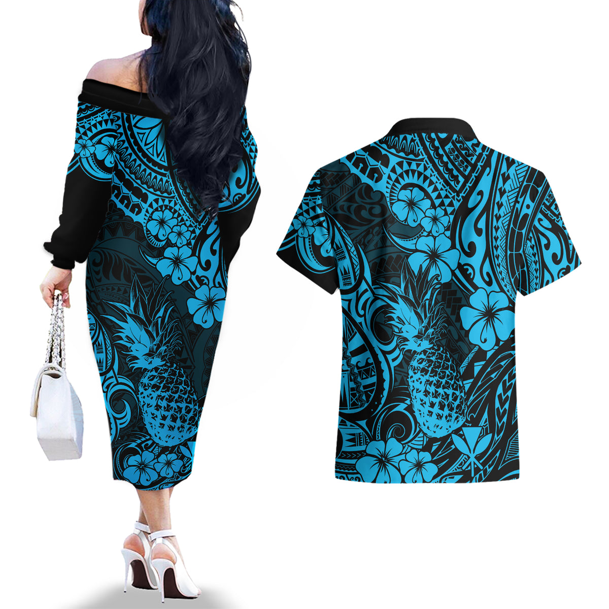 Hawaii Pineapple Couples Matching Off The Shoulder Long Sleeve Dress and Hawaiian Shirt Polynesian Pattern Sky Blue Version LT01 - Polynesian Pride