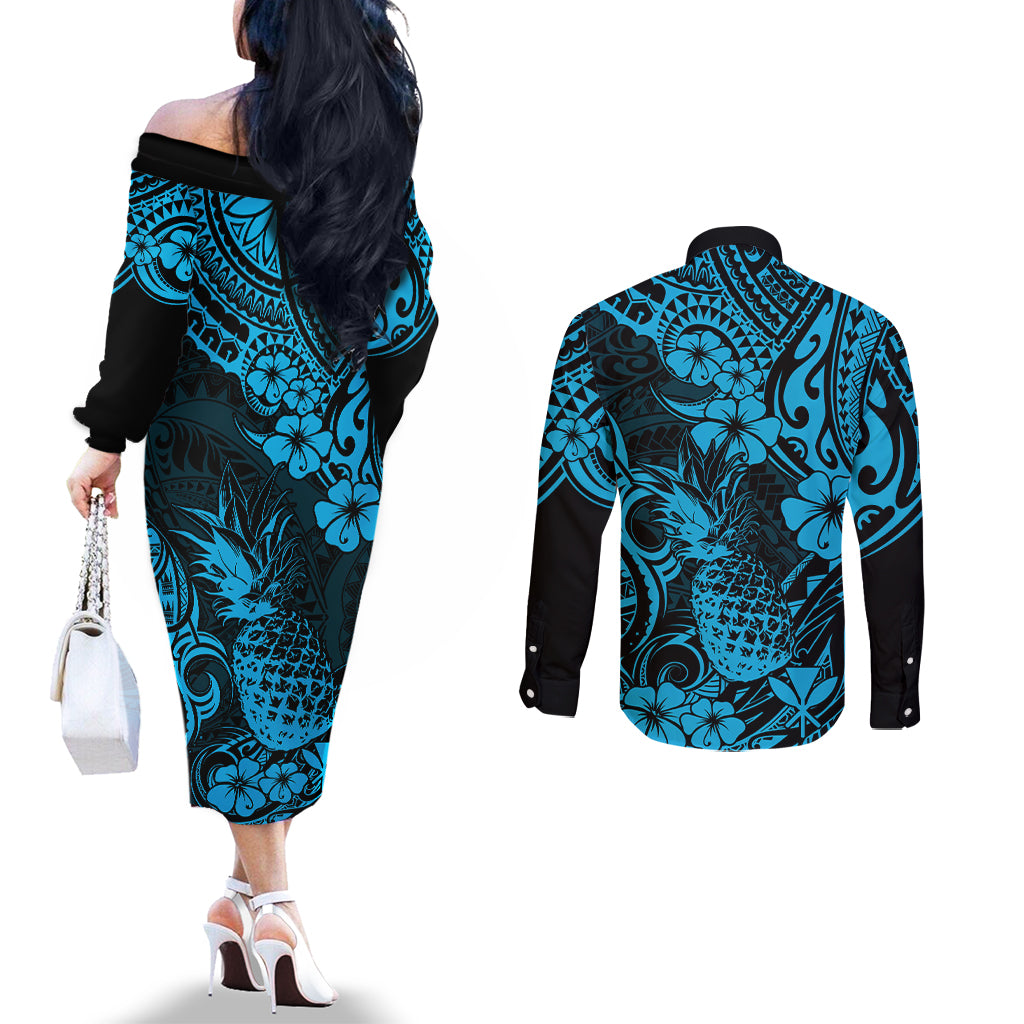 Hawaii Pineapple Couples Matching Off The Shoulder Long Sleeve Dress and Long Sleeve Button Shirts Polynesian Pattern Sky Blue Version LT01 - Polynesian Pride