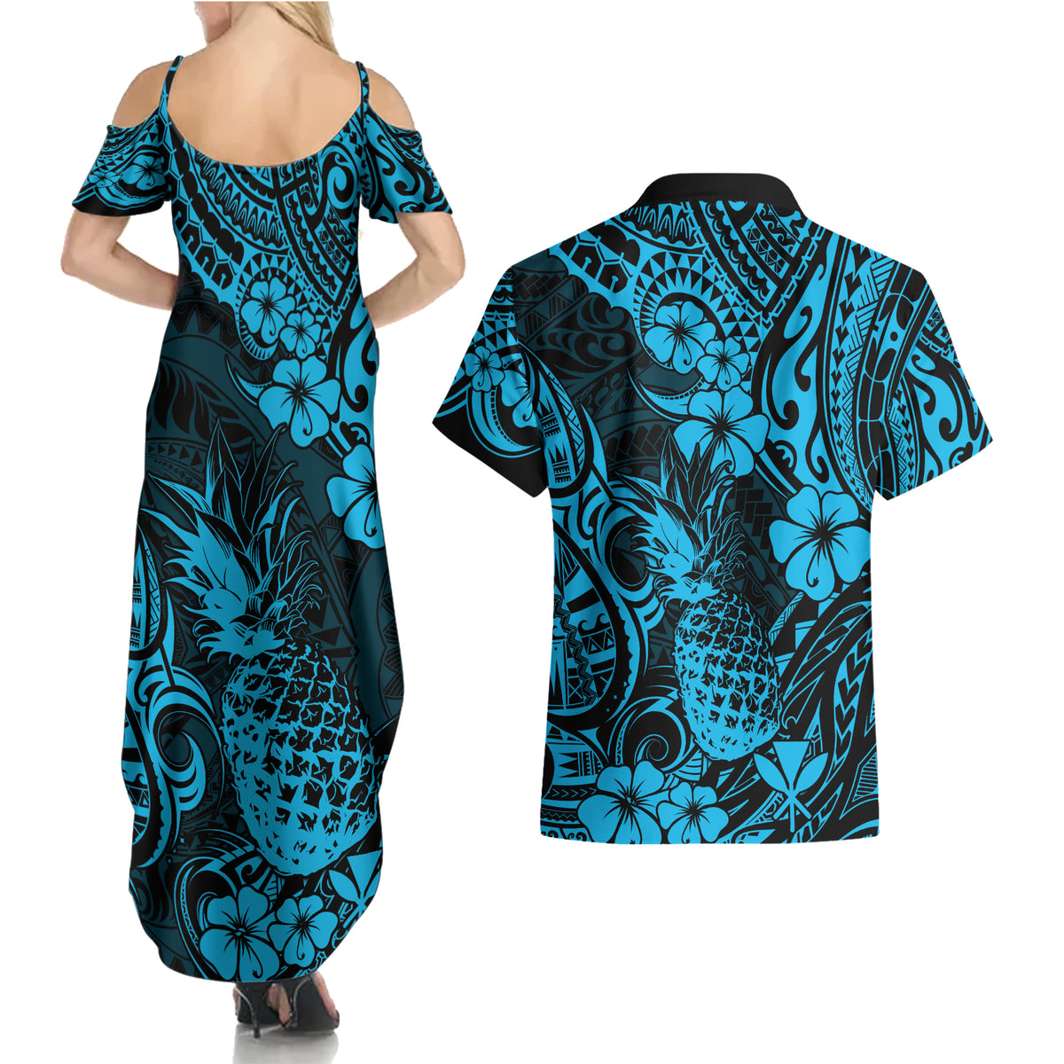 Hawaii Pineapple Couples Matching Summer Maxi Dress and Hawaiian Shirt Polynesian Pattern Sky Blue Version LT01 - Polynesian Pride