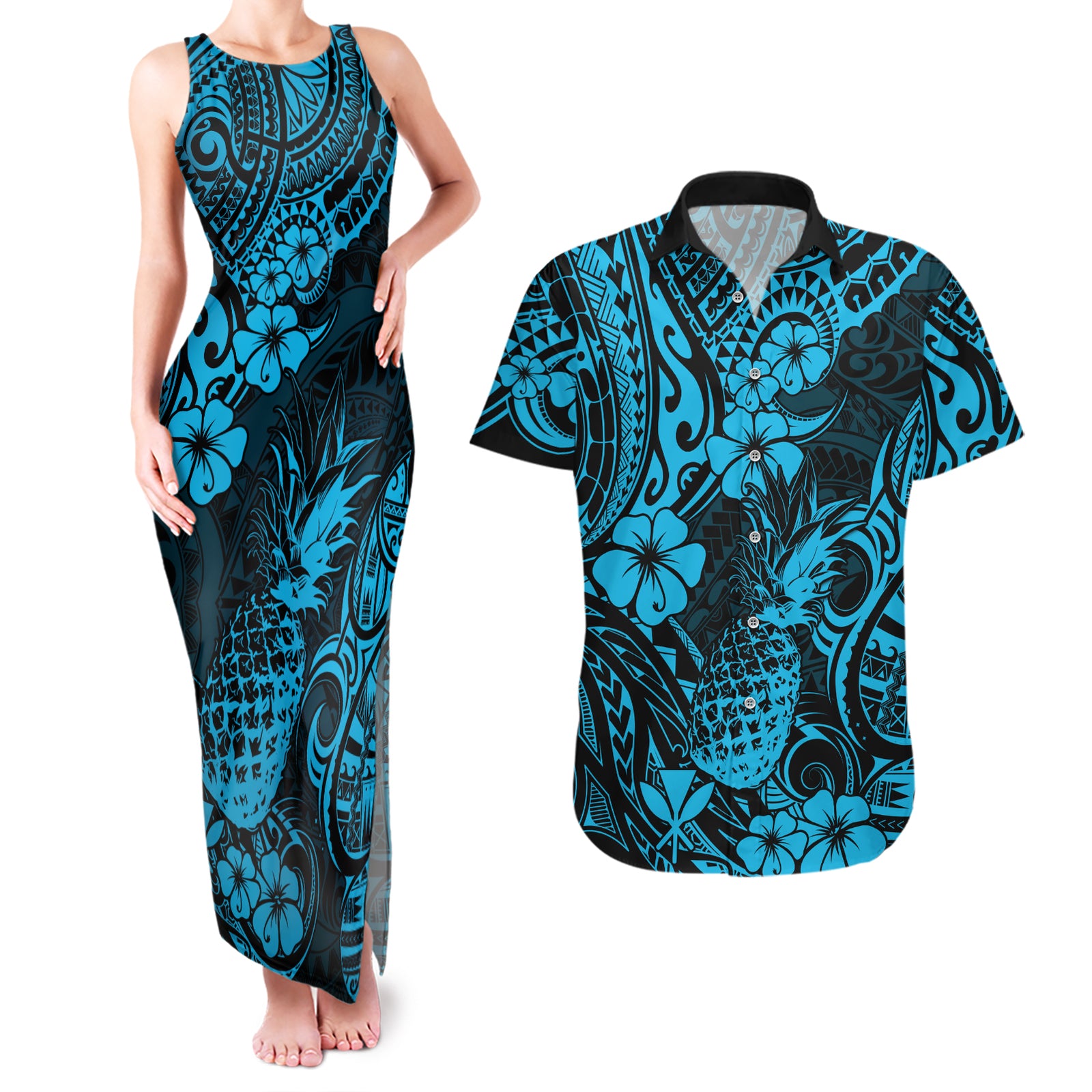 Hawaii Pineapple Couples Matching Tank Maxi Dress and Hawaiian Shirt Polynesian Pattern Sky Blue Version LT01 Blue - Polynesian Pride