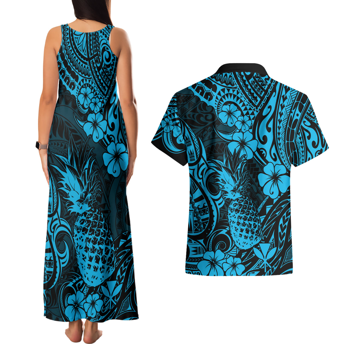 Hawaii Pineapple Couples Matching Tank Maxi Dress and Hawaiian Shirt Polynesian Pattern Sky Blue Version LT01 - Polynesian Pride