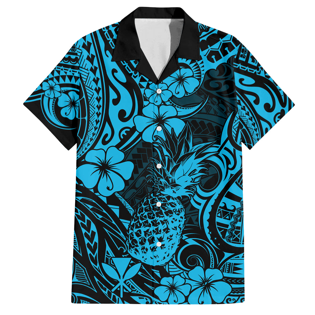 Hawaii Pineapple Family Matching Off Shoulder Short Dress and Hawaiian Shirt Polynesian Pattern Sky Blue Version LT01 Dad's Shirt - Short Sleeve Blue - Polynesian Pride