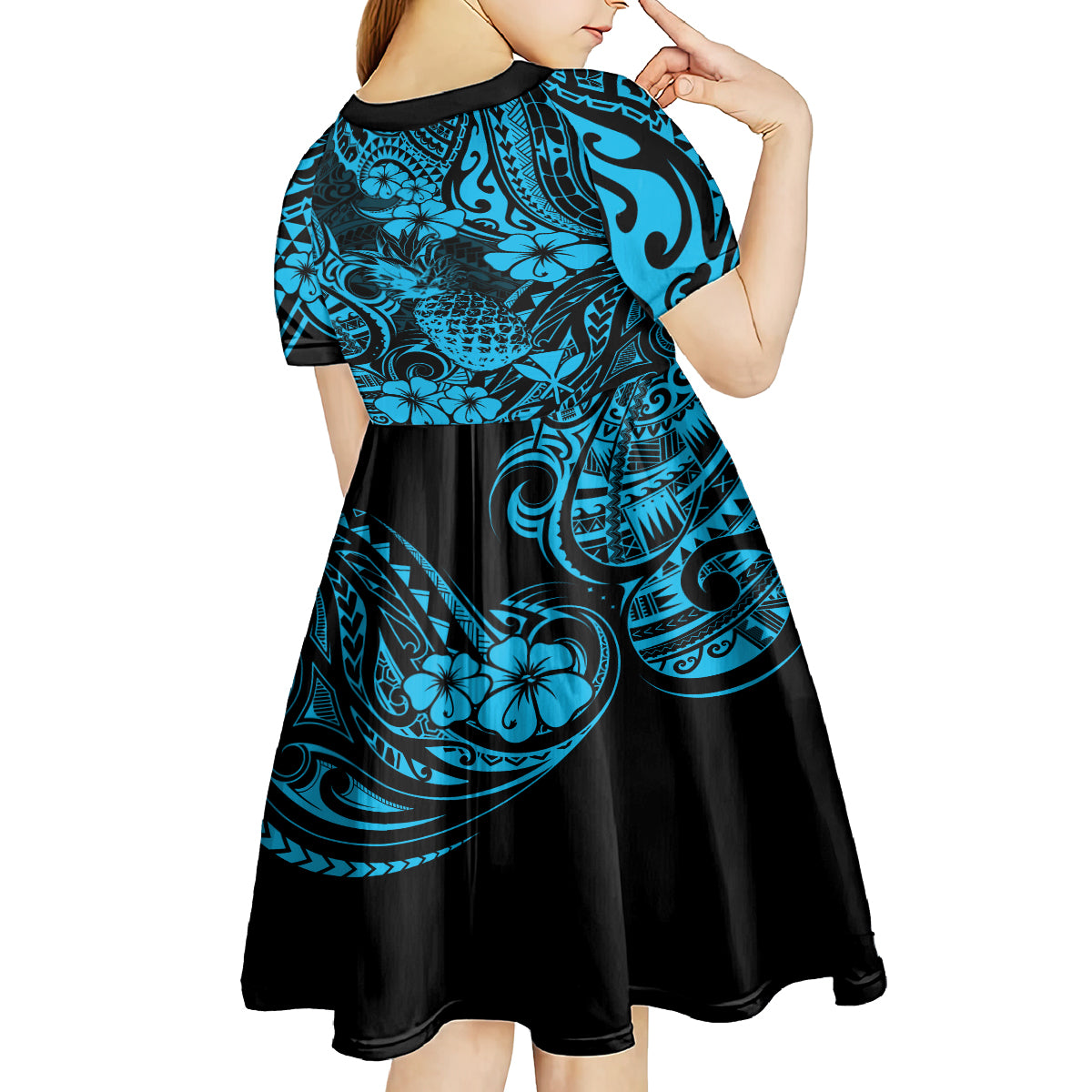 Hawaii Pineapple Kid Short Sleeve Dress Polynesian Pattern Sky Blue Version LT01 - Polynesian Pride
