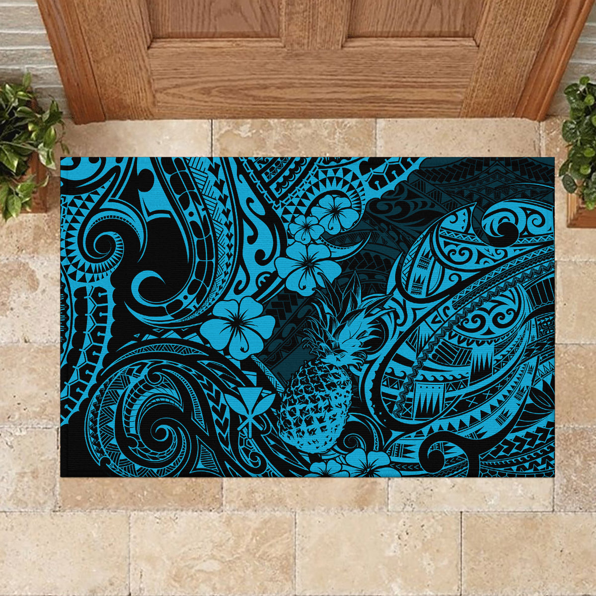 Hawaii Pineapple Rubber Doormat Polynesian Pattern Sky Blue Version LT01 - Polynesian Pride