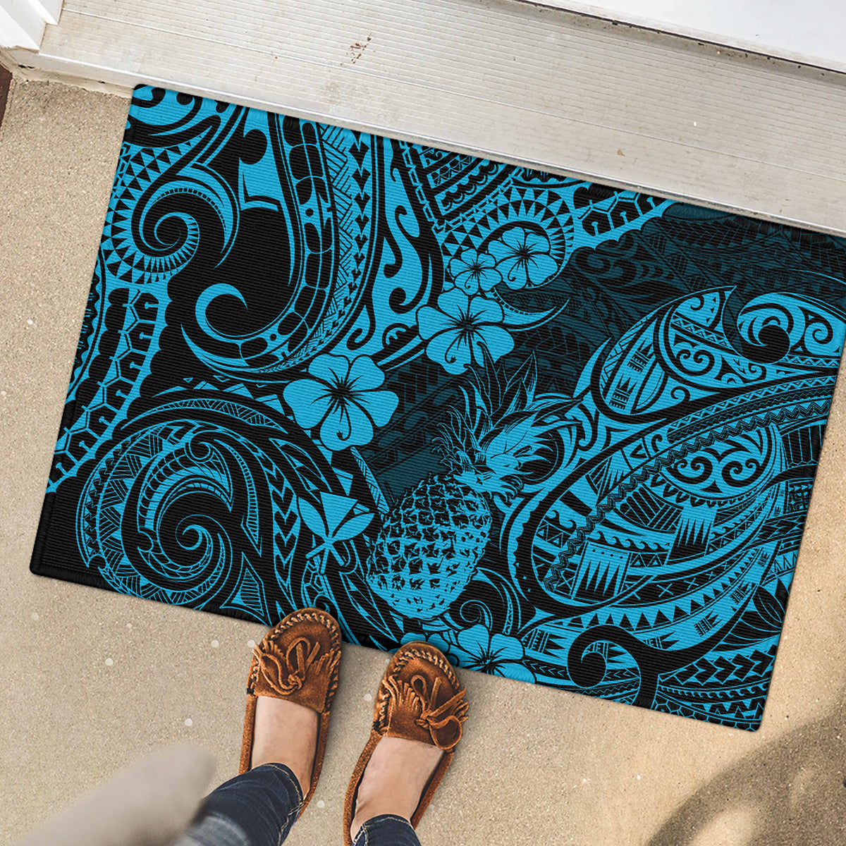 Hawaii Pineapple Rubber Doormat Polynesian Pattern Sky Blue Version LT01 - Polynesian Pride